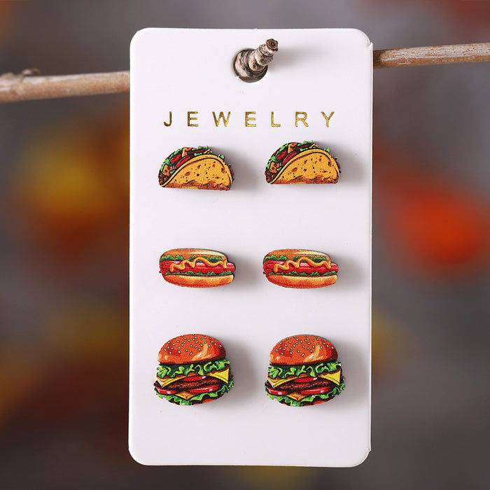 Wholesale Hamburger,  hot dog,  chicken drumstick,  popcorn,  cola food earring set wooden food earrings