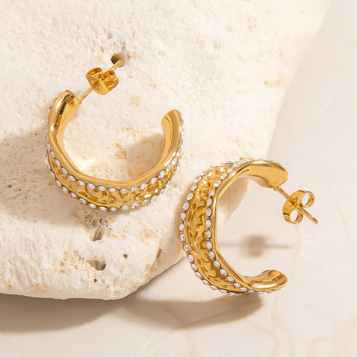 Wholesale Stainless Steel Earrings Asymmetrical Geometric Circle Earrings Workplace Accessible Luxury Pleated Semicircle Earrings with Diamonds