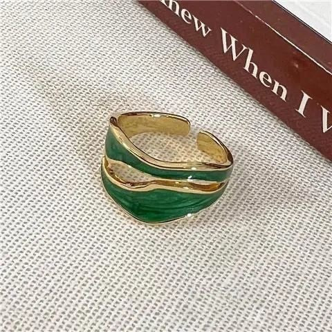 Wholesale Geometric double-layer hollow ring for women's fashion temperament, irregular drop glaze color blocked open ring, index finger ring
