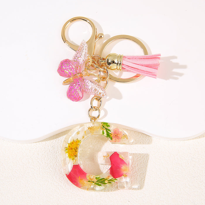 Wholesale Glue Dried Flower English 26 Letter Keychain Daisy Petal Letter Keychain  Pendant
