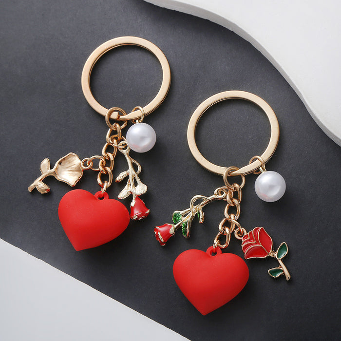 Wholesale Heart-shaped rose pearl pendant metal keychain