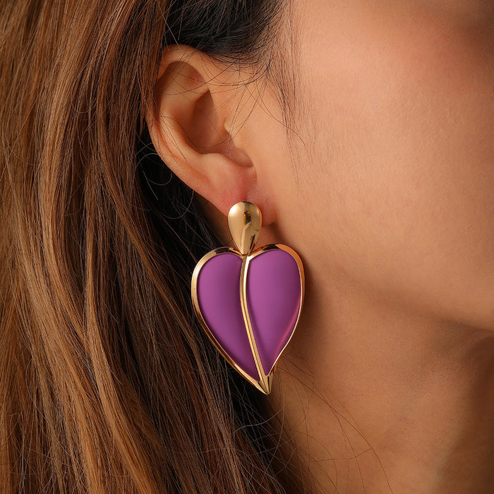 Wholesale New fashionable and versatile design, colorful spray painted heart-shaped water droplet double-layer earrings