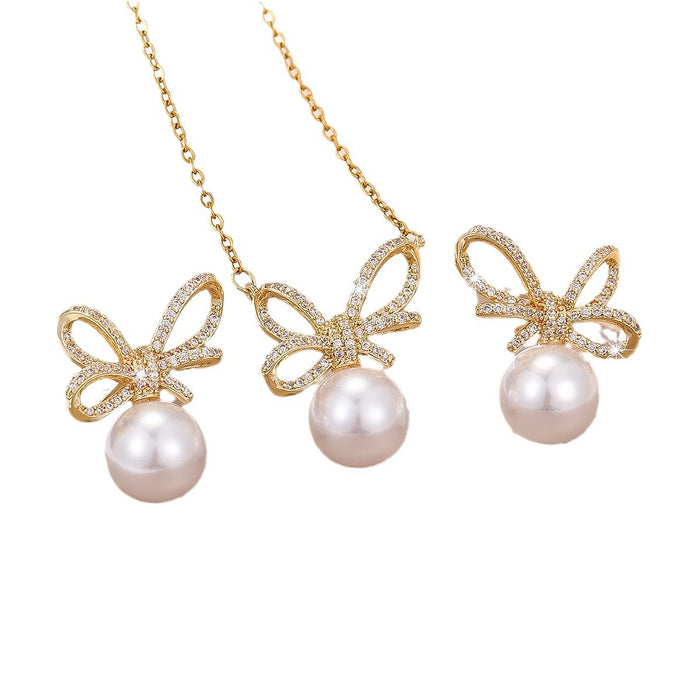 Wholesale Light Luxury Small and Exquisite Elegant Sweet Fashion All-match Women's High-end Bowknot Pearl Necklace Earrings suit