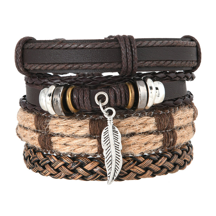 Wholesale New retro minimalist style feather alloy multi-layer leather pull-out 4-piece men's bracelet set