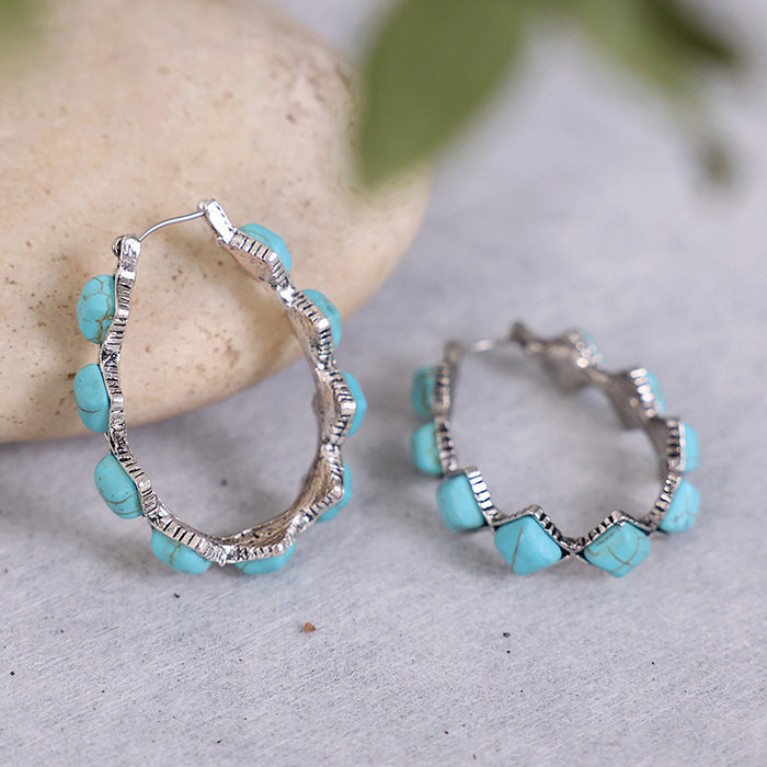Wholesale Exaggerated diamond shaped turquoise U-shaped earrings with turquoise earrings