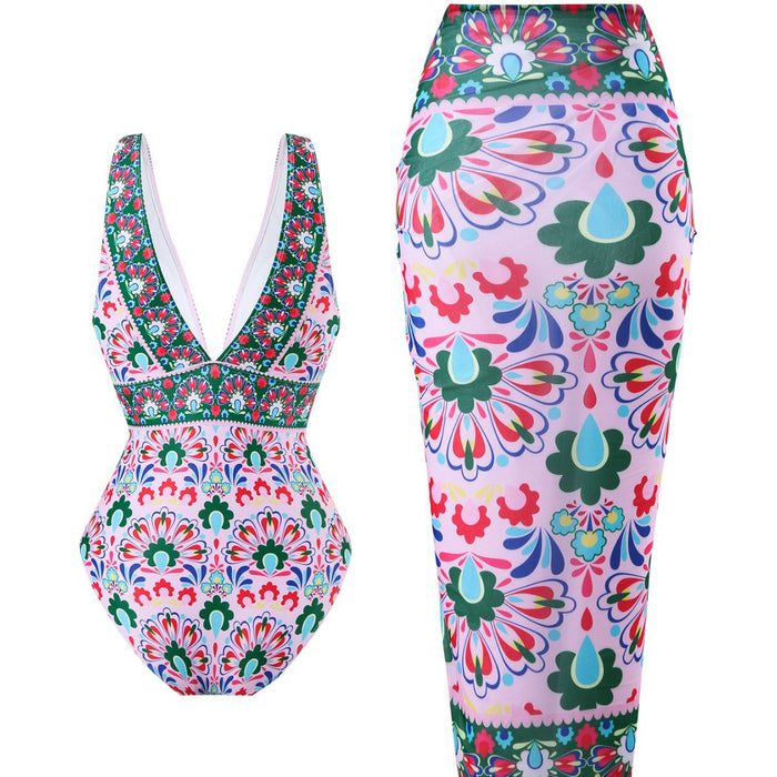 Wholesale Sexy bikini one-piece swimsuit chiffon skirt wrapped skirt, shoulder V-neck swimsuit, beach gathering, conservative coverage