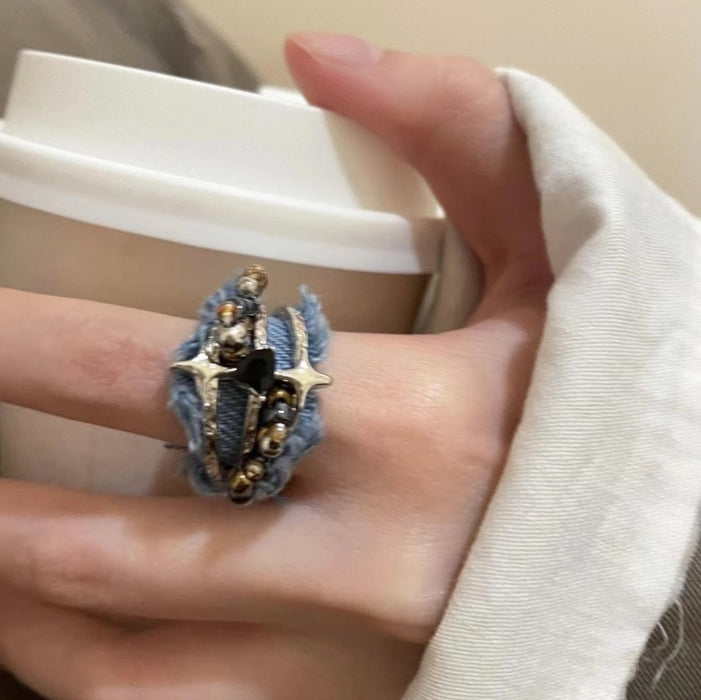 Wholesale Fashionable denim ring with heart opening personality, niche and versatile, retro new style ring