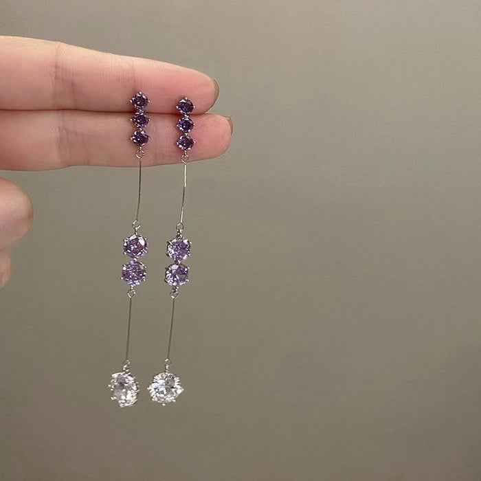 Wholesale Purple zircon tassel earrings, new fashionable and versatile, light luxury temperament, exquisite earrings