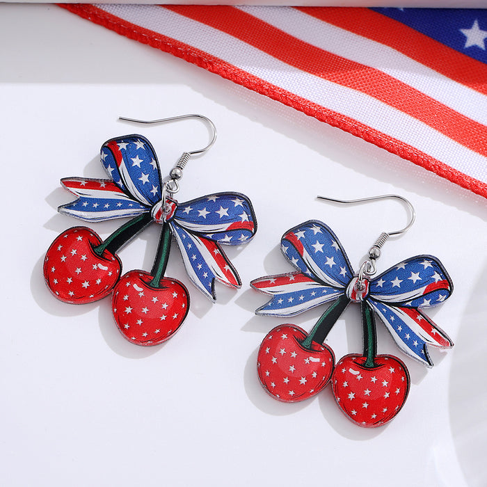 Wholesale Red, white, blue bow, cherry flag pendant earrings, acrylic earrings