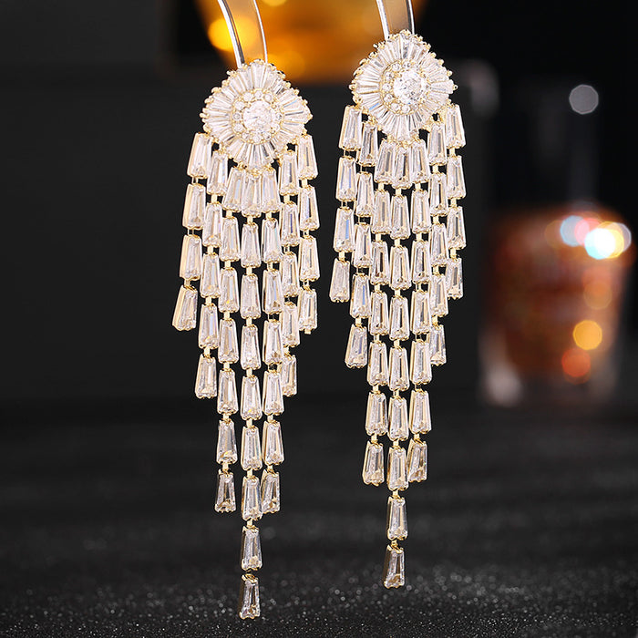 Wholesale Elegant temperament, exaggerated earrings, super sparkling zircon inlay, light luxury, high-end feeling, long tassel earrings