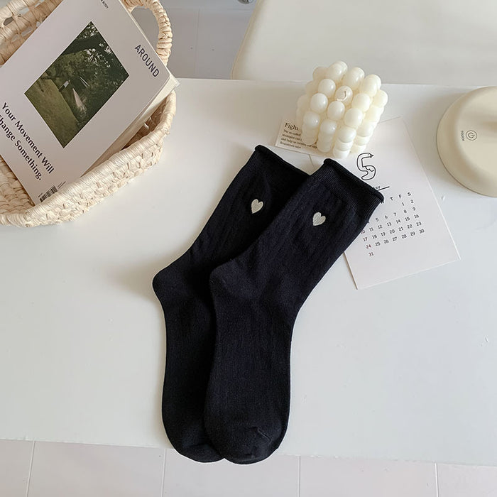Wholesale New socks with rolled edges, stacked socks, cotton, heart-shaped embroidery, versatile