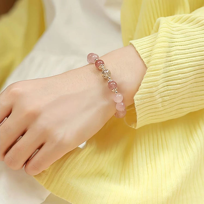 Wholesale Natural pink crystal bracelet, women's peach blossom jewelry, niche and minimalist design, hollowed out embroidered ball bracelet