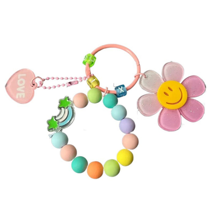 Wholesale Cute letter sunflower bag pendant with smiling face, colorful handmade bead key chain