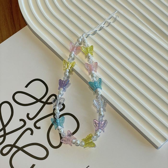Wholesale Acrylic Imitation Pearl Beaded Mobile Phone Butterfly Mobile Phone Key Hanging Chain