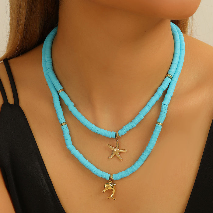Wholesale Colorful shell dolphin necklace with a niche design, layered beach accessories