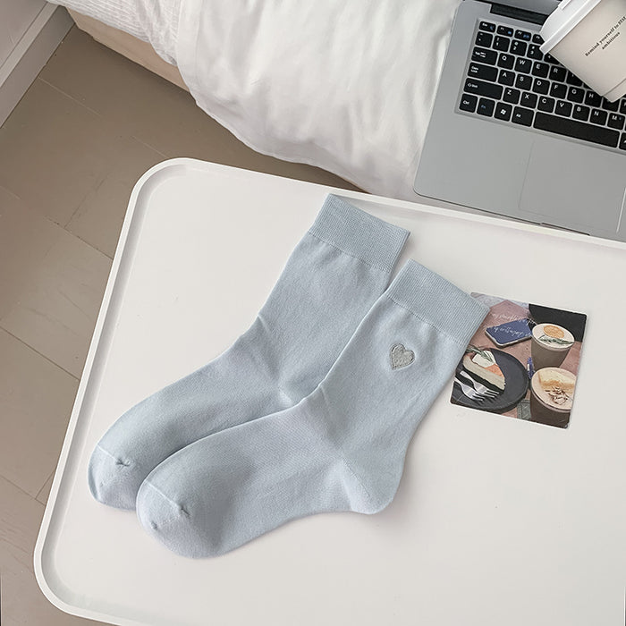 Wholesale Socks, cotton socks, mid tube socks, heart-shaped embroidered pile socks, double ribbed spliced long socks, anti odor boneless cotton socks