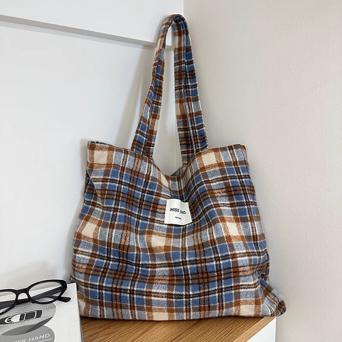 Wholesale Simple Woolen Handbag Large Capacity Classic Plaid Wool Shoulder Bag
