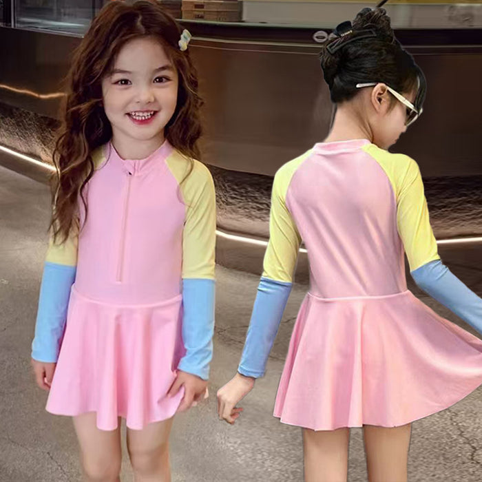 Wholesale Children's Swimwear Girls' Children's Polyester Long Sleeve Girl's Dopamine Skirt Hot Spring Swimsuit