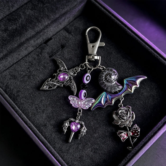Wholesale Gothic Bat Keychain Purple Heart Cross Pendant Zinc Alloy Bag Charm  Gift