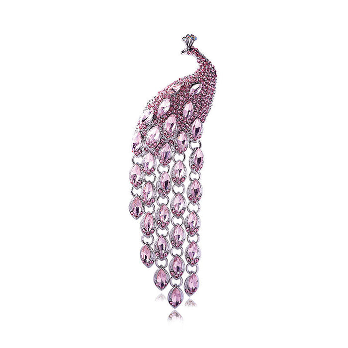 Wholesale Diamond-encrusted Retro large long-tail crystal peacock tassel brooch sweater jewelry
