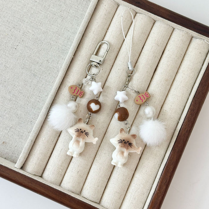 Wholesale Cartoon Loved Cat Keychain Love Hair Ball Beaded Mobile Phone Chain Backpack Hanging
