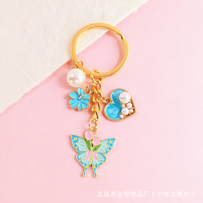 Wholesale Butterfly Flower Keychain Mother' s Day Metal Bag Pendant Exquisite High-end Pearl Flower Gift