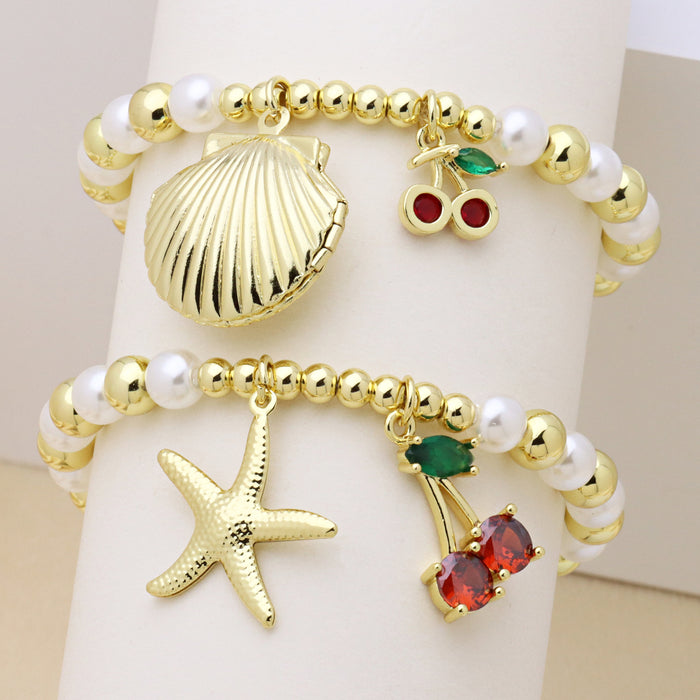 Wholesale Round copper bead clip pearl bracelet cherry sun starfish scallop fish love heart pendant