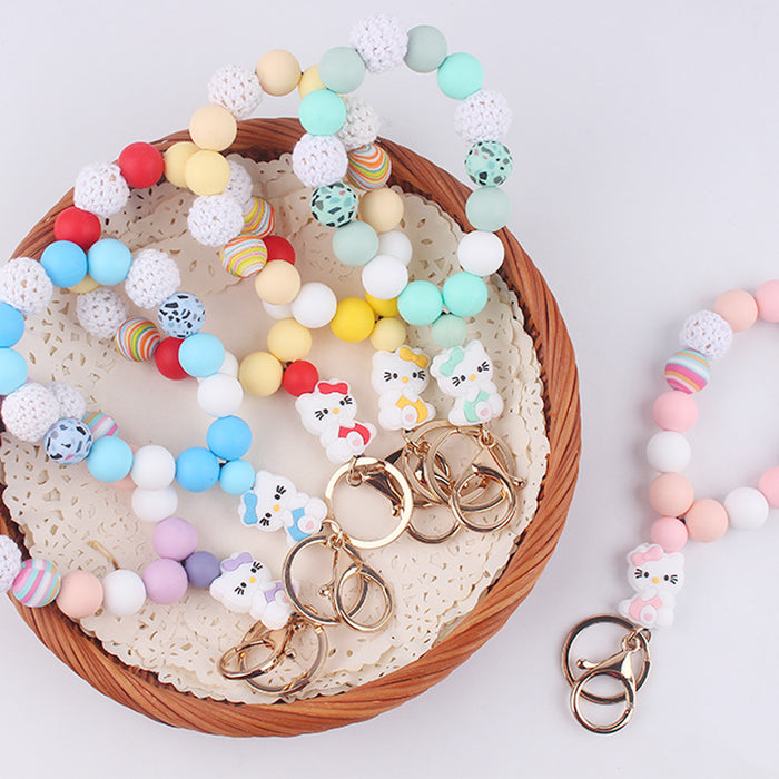 Wholesale Silicone wrist key chain pendant cartoon silicone cat DIY beaded bracelet key ring accessories