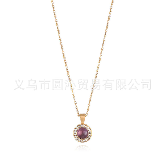 Wholesale Vintage diamond inlaid circular natural stone pendant necklace, light luxury niche stainless steel collarbone chain jewelry wholesale