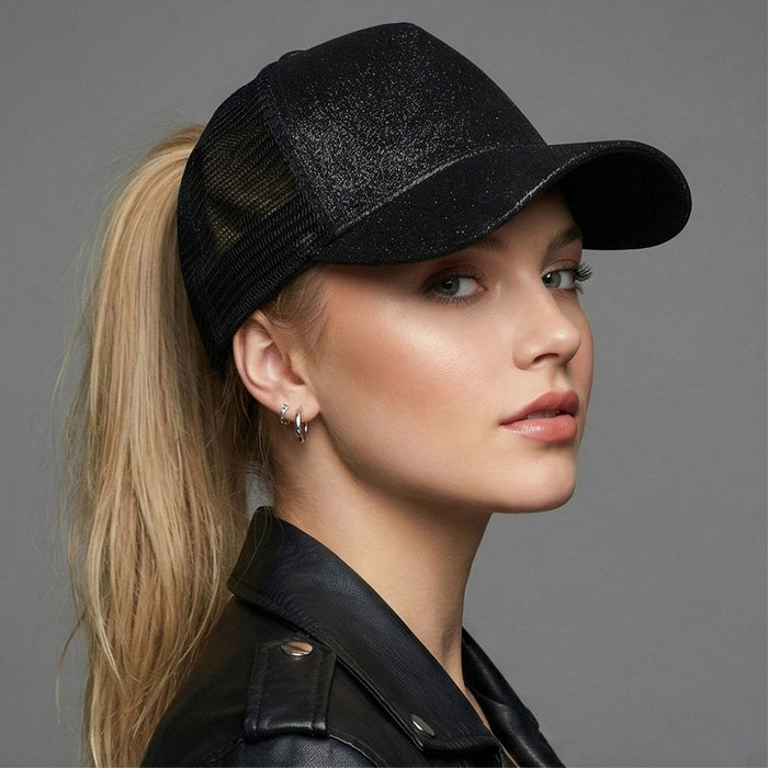 Wholesale Trendy Sequined Dacron Baseball Cap with Ponytail Hole - Breathable Mesh Sun Hat for Summer Outdoor Use