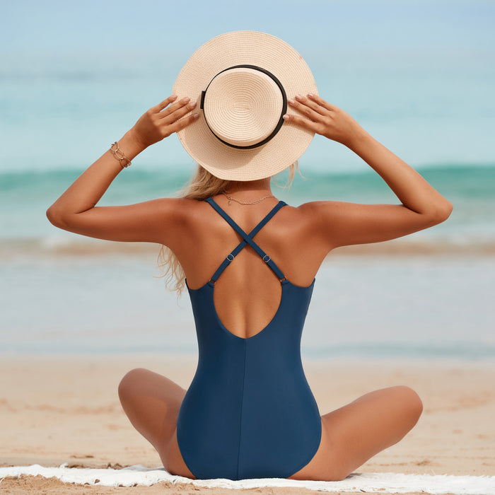 Wholesale One piece triangle swimsuit with abdominal folds, women's cross back swimsuit with beautiful back