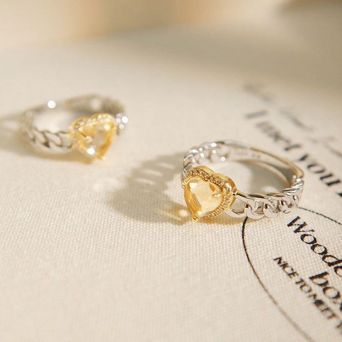 Wholesale Natural yellow crystal heart ring original niche temperament light luxury high-end ring