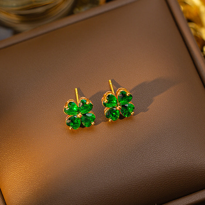 Wholesale Copper-set zircon four-leaf clover colored Titanium steel pendant necklace and earring set