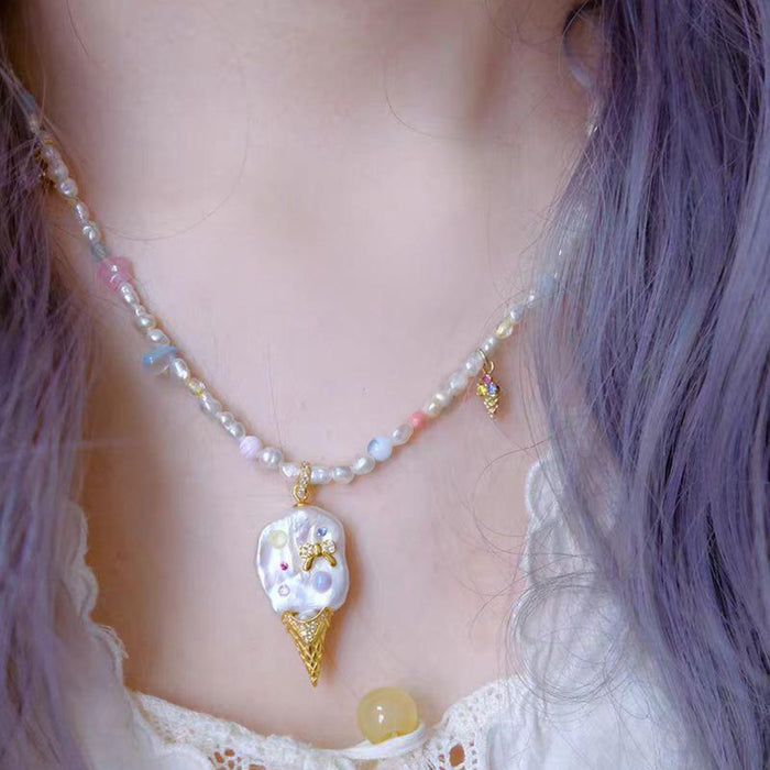 Wholesale Pearl Ice Cream Necklace Clavicle Chain plated 18K Gold Color Retention