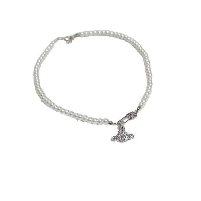 Wholesale Imitation pearl necklace necklace, niche geometric crown, full diamond collarbone chain