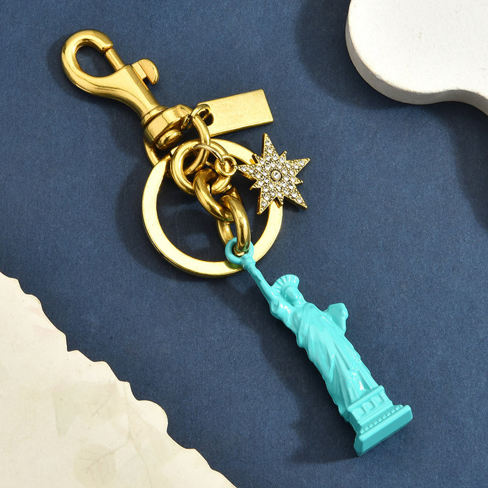 Wholesale Chic Statue Of Liberty Keychain Pendant Light Blue 3D Charm With Rhinestone Star Gold Tone Alloy Bag Accessory