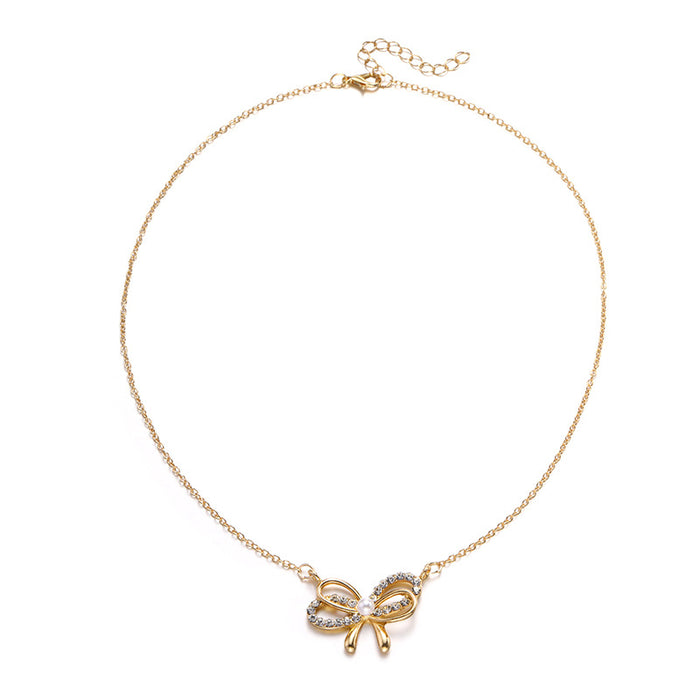 Wholesale Personalized design of jewelry, alloy bow pendant, versatile, simple, diamond studded bow necklace