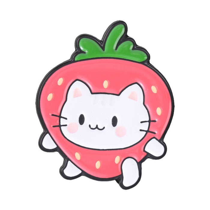 Wholesale Zinc Alloy Enamel Brooch Pin Three Color Cute Strawberry Cat Design For Backpack School Bag Stylish Jewelry Accessory