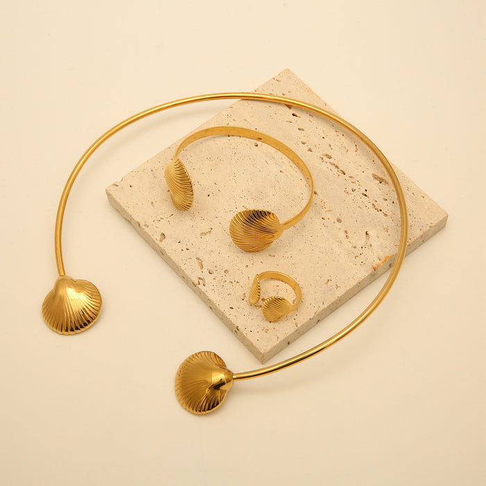 Wholesale Fashion stainless steel scallop simple collar bracelet shell titanium steel open ring set