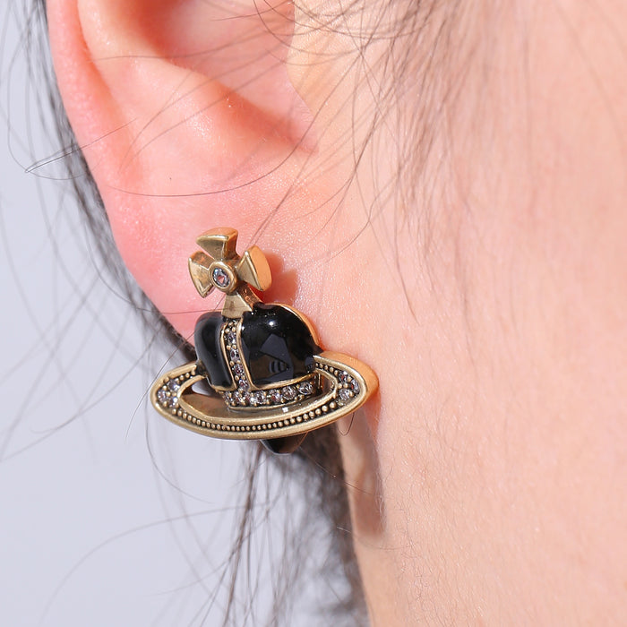 Wholesale Three-color oil-drop heart Saturn micro-inlaid zircon earrings