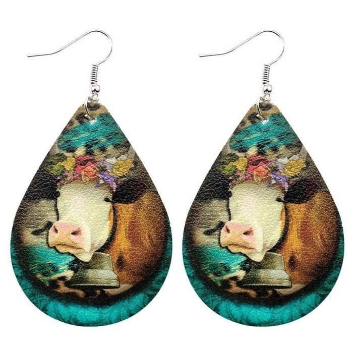 Wholesale Earrings Farm animal cow pattern leather water drop earrings JDC-ES-KDL019
