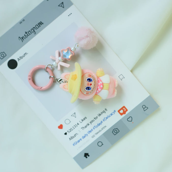 Wholesale Flocked denim car keychain doll jewelry pendant small fur ball cute grain pendant gift