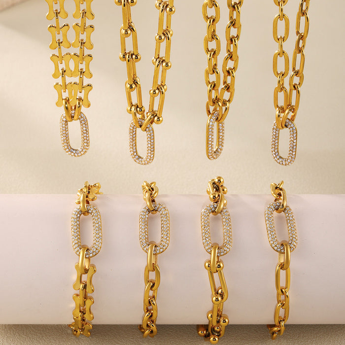 Wholesale Square Sugar Stainless Steel Gold Plated Horseshoe Buckle Zircon Necklace Bracelet Jewelry Set for Female Heavy Industry