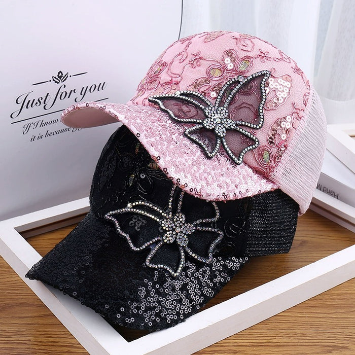 Wholesale Sparkling duckbill cap, fashionable rhinestone butterfly baseball cap