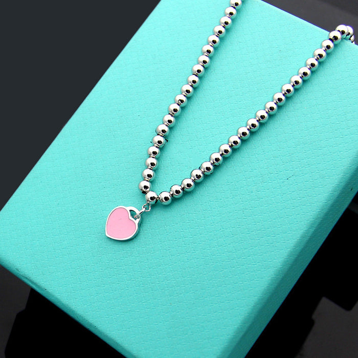 Wholesale Heart Necklace Sterling Silver Red Heart Dripping Oil Enamel Blue Clavicle Chain Double Heart-Shaped Pendant