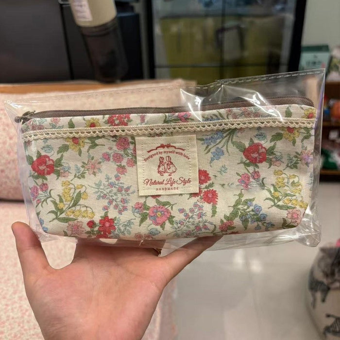Wholesale Canvas Cream Floral Pencil Case Large Capacity Makeup Bag