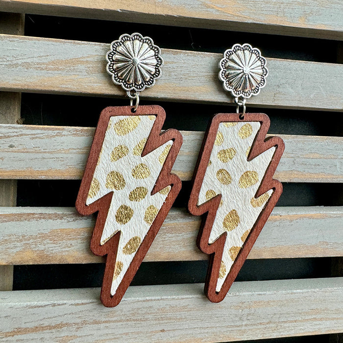 Wholesale Western lightning earrings classic leopard print genuine leather inlaid wood texture earrings