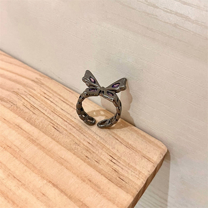 Wholesale Purple diamond black butterfly ring with unique and niche design, light luxury, open mouth, index finger, female