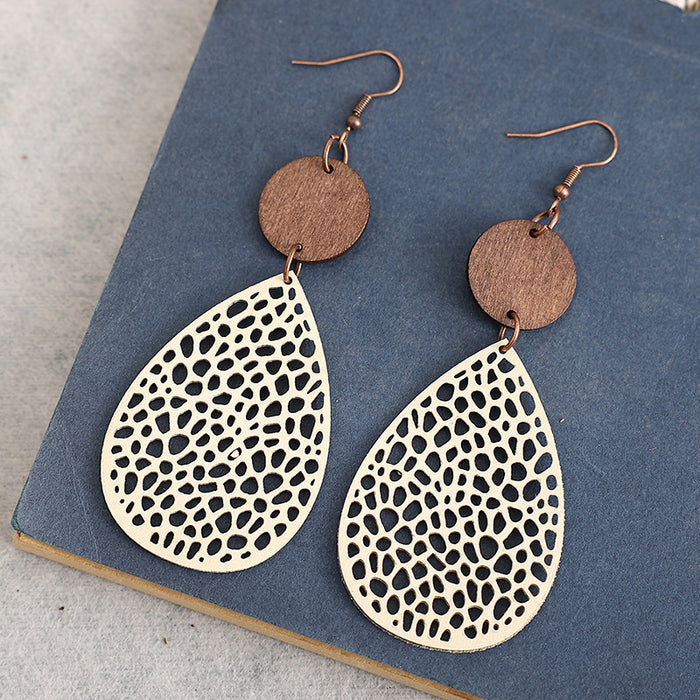 Wholesale Vintage hollowed out spider web spliced wood veneer earrings and earrings