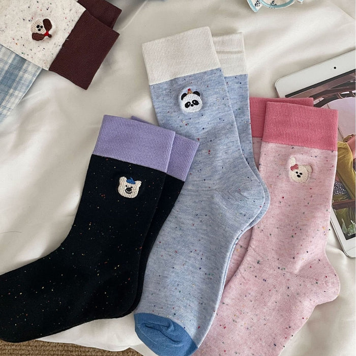 Wholesale Boneless dotted yarn cotton socks, color blocked embroidery, mid tube pile socks, cute